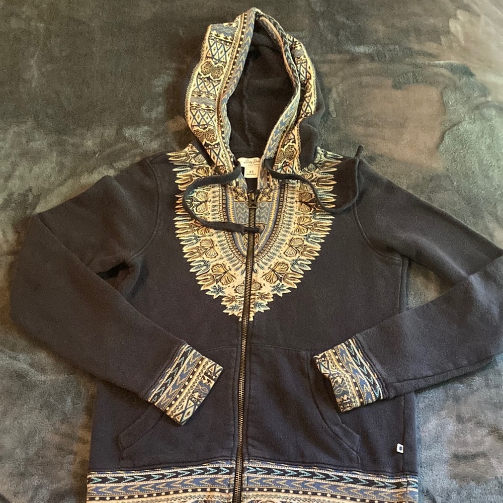 Lucky Brand Hooded Sweater Hoodie Hoody Blue Zipper Zip Boho Print 100%cotton
